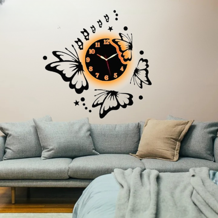 3d Butterfly wall clock for Home Decor - Wooden Wall Art With Light